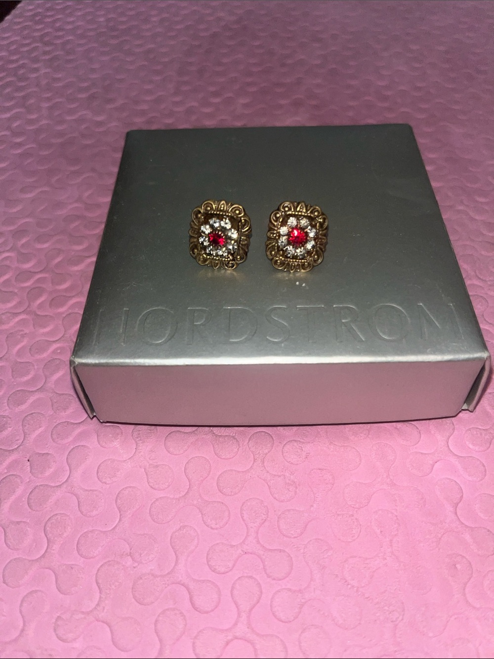 Liz Palacios Gold-Tone Filigree Stud Earrings with Red Crystal